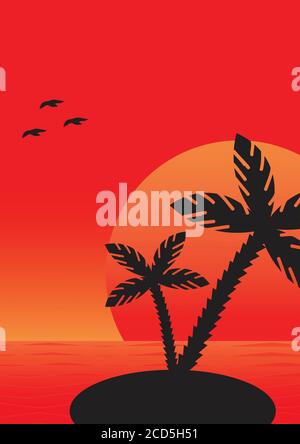 Ruhiger Sonnenuntergang Blick über tropischen Strand mit Palmen Silhouetten mit rotem Himmel und Vögel Illustration. Stockfoto