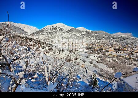 Blick auf die Stadt Karpenissi und den Berg Velouchi (oder 'Tymphristos'). Karpenissi ist die "Hauptstadt" der Präfektur Evrytania, Zentralgriechenland. Stockfoto