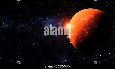 Orange Planet mit einer Sonne über dem Planeten. milkyway Hintergrund Stockfoto