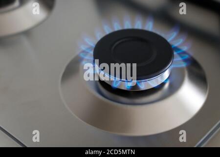 Nahaufnahme blaue Flamme von einem Gasherd Brenner. Küchenoberfläche aus Edelstahl. Stockfoto