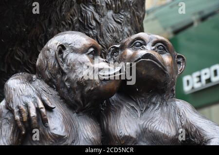 Statuen drei Weise Affen und großer Gorilla bei einem Antiken Einkaufsstraße in Köln Stockfoto