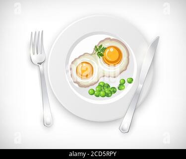 Spiegeleier mit grünen Erbsen, Petersilienblatt, Gabel und Messer auf weißem Teller in flacher Form. Frühstück, Abendessen, Mittagessen, Abendmenü. Bio gesunde Bio-Farm Stock Vektor