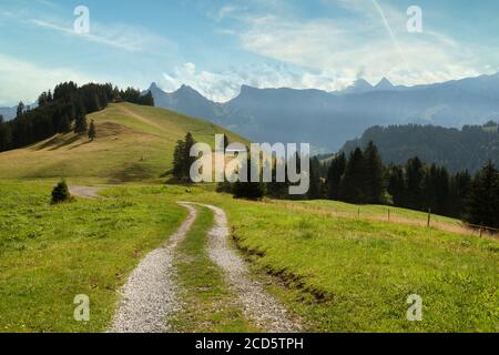 Landschaft des Regionalparks Gruyère Pays-d'Enhaut, Schweiz Stockfoto