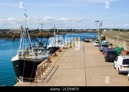 8. August 2019 Trawler am Kai für das Wochenende im Ardglass Harbor County Down Nordirland Stockfoto