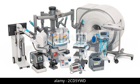 Medizinische chirurgische, diagnostische und Laborgeräte, 3D-Rendering isoliert auf weißem Hintergrund Stockfoto