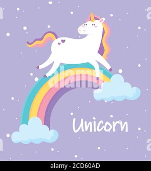 Niedliche magische Einhorn zu Fuß auf Regenbogen Tier Cartoon Vektor Illustration Stock Vektor