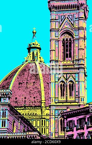 Kuppel der Kathedrale Santa Maria del Fiore und Giotto Campanile in Florenz. Die erstaunliche Hauptstadt der italienischen Renaissance. Blacklight Poster Filter. Stockfoto