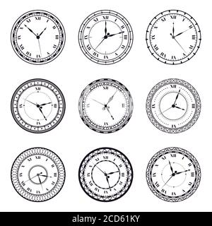 Uraltes Ziffernblatt. Vintage antike Uhren, antik 12 Stunden rund um die Uhr, römische Ziffern Timer Uhr Vektor Illustration Symbole gesetzt Stock Vektor