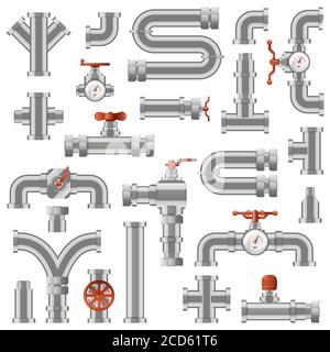Rohrleitungsbau. Wasserrohrabschnitte, Industrie-Rohrleitungstechnik, Rohrkonstruktion mit Drehknöpfen und Zähler Vektor-Icons gesetzt Stock Vektor