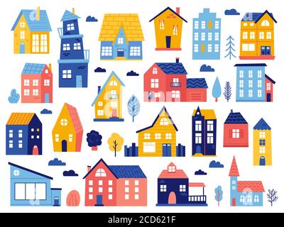 Doodle Cottages. Nette kleine Stadthäuser, minimale Vorstadthäuser, Wohnstadtgebäude isoliert Vektor-Illustration Symbole gesetzt Stock Vektor