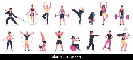 Fitness Sport Aktivitäten. Menschen Aktivität Training, männliche weibliche Charaktere Durchführung von Sport, Kampfkunst und Yoga Vektor Illustration Symbole gesetzt Stock Vektor