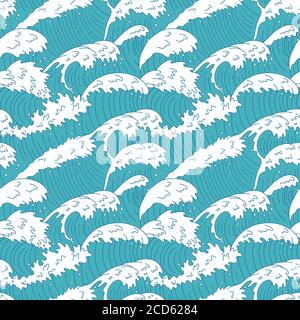 Seewellen nahtloses Muster. Ozean Wasser Wellenlinien, tobende Kurve Meereswellen, Sommer Strand Wellen Sturm Textur Vektor Hintergrund Illustration Stock Vektor
