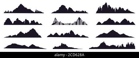 Silhouette der Berge. Berggipfel, Hügel Gipfel, berg und Bergtal Silhouette, Tibet oder Alpen Berge Skizze Vektor Illustration Set Stock Vektor