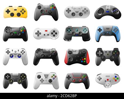 Game-Controller. Videospielkonsole, retro drahtlose Joysticks und moderne Gamepad-Konsole, Spiel Gadgets Vektor Illustration Symbole gesetzt Stock Vektor