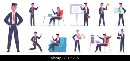 Geschäftsmann-Charakter. Männlich Büroangestellte, Erfolg Business-Mitarbeiter, professionelle Finanzen Führung Arbeiter Vektor Illustration Symbole gesetzt Stock Vektor