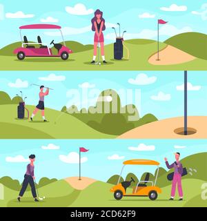 Golf-Banner. Männliche und weibliche Golf-Charaktere spielen Outdoor-Sport, Golf Menschen jagen und schlagen Ball Vektor Hintergrund Illustration Stock Vektor