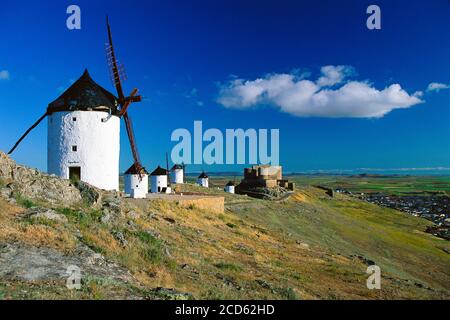 Alte historische Windmühlen auf dem Hügel, Consuegra, Castilla La Mancha, Spanien Stockfoto