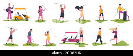 Golf People Szenen. Männliche und weibliche Golfer, Golfcharaktere jagen und schlagen Ball, Golfer spielen Outdoor-Sport Vektor-Illustration Symbole gesetzt Stock Vektor