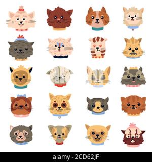 Katzen Emotionen. Nette lustige Kätzchen Gesichter, Haustiere Charakter Köpfe, Doodle inländischen Kitty Porträts Vektor isoliert Icons Illustration set Stock Vektor