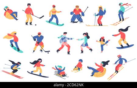 Winteraktivitäten im Schnee. Skifahren, Snowboarden, Eishockey und Schlittschuhe, Familienurlaub Winteraktivitäten isoliert Vektor Illustration Symbole gesetzt Stock Vektor