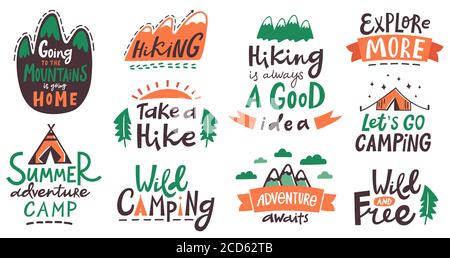 Wandern Camp Schriftzüge. Camping Typografie Zitate, Berge Klettern, Tourismus und Wandern Reise Schriftzug Etiketten Vektor Illustration Set Stock Vektor