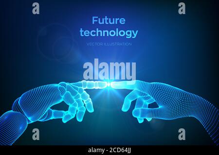Hände des Roboters und des Menschen berühren. Cyborg Finger kurz vor, menschlichen Finger zu berühren. Symbol der Verbindung zwischen Menschen und künstlicher Intelligenz. Wissenschaft Stock Vektor