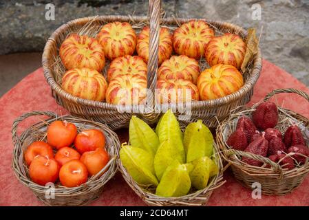 Handgemachte Kerzen in Form von Früchten bei Körben als Souvenirs in Vezelay, Frankreich Stockfoto