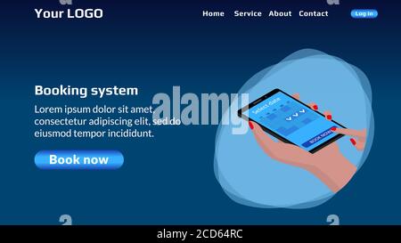 Startseite der Webseite für Hotelbuchungen auf blauem Hintergrund. Isometrisches Smartphone mit Buchungsprogramm in der Hand. Website-Header-Layout. Vektor EPS10. Stockfoto