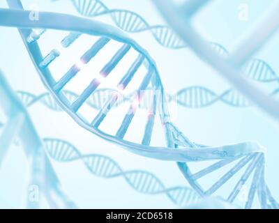 DNA-Struktur. Abstrakter biotechnologischer Hintergrund. Doppelhelix. 3d-Darstellung. Blaue Farbe. Stockfoto