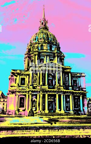 Fassade des Invalidenpalastes mit der goldenen Kuppel in Paris. Die französische Hauptstadt, bekannt als die Stadt des Lichts. Blacklight Poster Filter. Stockfoto