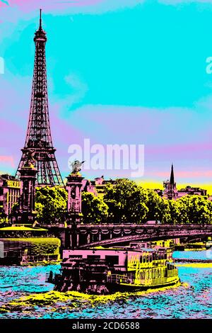 Boot auf der seine und Eiffelturm bei Sonnenuntergang in Paris. Die französische Hauptstadt, bekannt als die Stadt des Lichts. Blacklight Poster Filter. Stockfoto