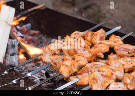 Thema des Abendessens im Freien. Saftig geröstete Kebabs auf dem Grill. Hühnerfleisch auf Spieße. Stockfoto