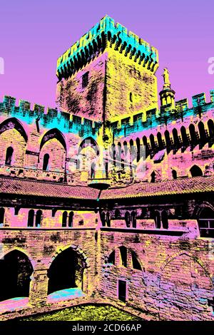 Avignon, Frankreich, 06. Juli 2016. Innenhof und Innengebäude im Papstpalast in Avignon, Frankreich. Blacklight Poster Filter. Stockfoto