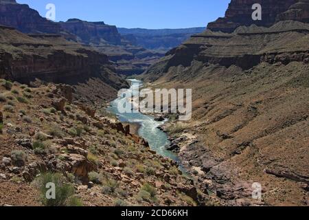 Blick auf den Colorado River und die Granite Narrows im Grand Canyon National Park, Arizona vom Wanderweg im Hinterland. Stockfoto