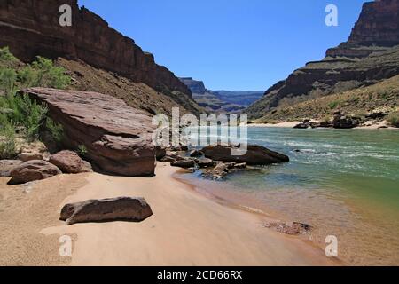 Colorado River Beach und Granite Narrows im Grand Canyon National Park, Arizona vom Flussweg zwischen Deer Creek Falls und Tapeats Creek. Stockfoto