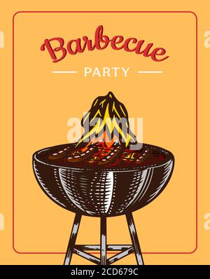 Grill Grillelemente auf gelbem Hintergrund isoliert gesetzt. BBQ Party Poster. Sommerzeit. Kochtopf mit Sauce. Küchenausstattung für Menü Stock Vektor