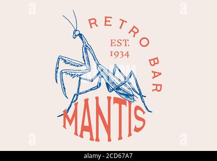 Insektenlogo. Vintage Bug Beetle Mantis Label für Bar oder Tattoo Studio. Embleme Abzeichen, T-Shirt Typografie. Gravierte Vektorgrafik. Stock Vektor