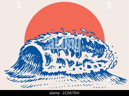 Atlantische Flutwellen und rote Sonne. Vintage alte gravierte handgezeichnete Etiketten. Marine und nautische oder Meer, Meer im japanischen Stil für Banner, Hintergrund Stock Vektor