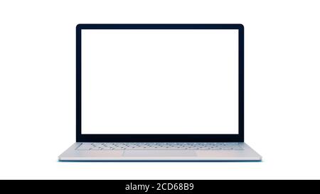 Laptop mit weißem Bildschirm isoliert auf weißem Hintergrund 3D-Abbildung Stockfoto