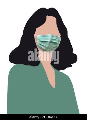 Eine Frau ohne Gesichtszüge wird in einer medizinischen Maske in einer Illustration über Covid-19 und Menschen hinter Masken versteckt gesehen. Stockfoto