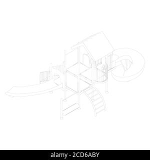 Die Kontur des Spielplatzes aus schwarzen Linien auf weißem Hintergrund. Kinderspielplatz mit Rutschen und Leitern. Isometrische Ansicht. 3D. Vektor Stock Vektor