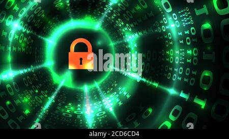 Computersystemschutz, Datenbanksicherheit, sicheres Internet. Schloss Symbol auf abstrakten Computer Daten Hintergrund Programmierung Binärcode, Data protectio Stock Vektor