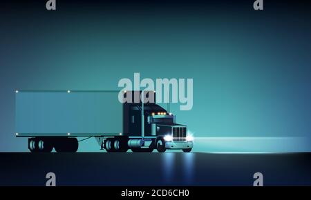 Nacht große klassische große Rig semi-Truck mit Scheinwerfern und trocken van semi Reiten auf dem Nachthintergrund, Vektor-Illustration Stock Vektor