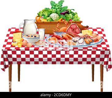 Fresh foods or food groups on the table with checkered pattern tablecloth illustration Stock Vektor