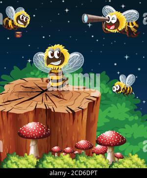 Viele Bienen leben in der Gartenszene bei Nacht Illustration Stock Vektor