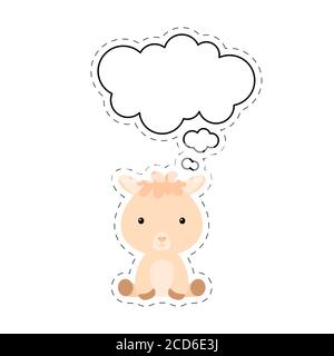 Niedliche Cartoon Alpaka mit Rede Blase Aufkleber. Kawaii-Zeichen auf weißem Hintergrund. Cartoon sitzende Tier Postkarte Cliparts für Geburtstag Baby Dusche Stock Vektor