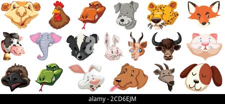 Set von verschiedenen niedlichen Cartoon Tiere Kopf riesige isoliert auf weißem Hintergrund Illustration Stock Vektor