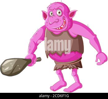 Rosa Kobold oder Troll halten Jagd-Tool in Cartoon-Charakter isoliert Illustration Stock Vektor