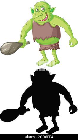 Goblin oder Troll in Farbe und Silhouette in Cartoon-Charakter auf weißem Hintergrund Illustration Stock Vektor