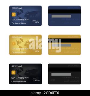Realistische detaillierte Kreditkarten mit bunten abstrakten Design Hintergrund gesetzt. Stock Vektor